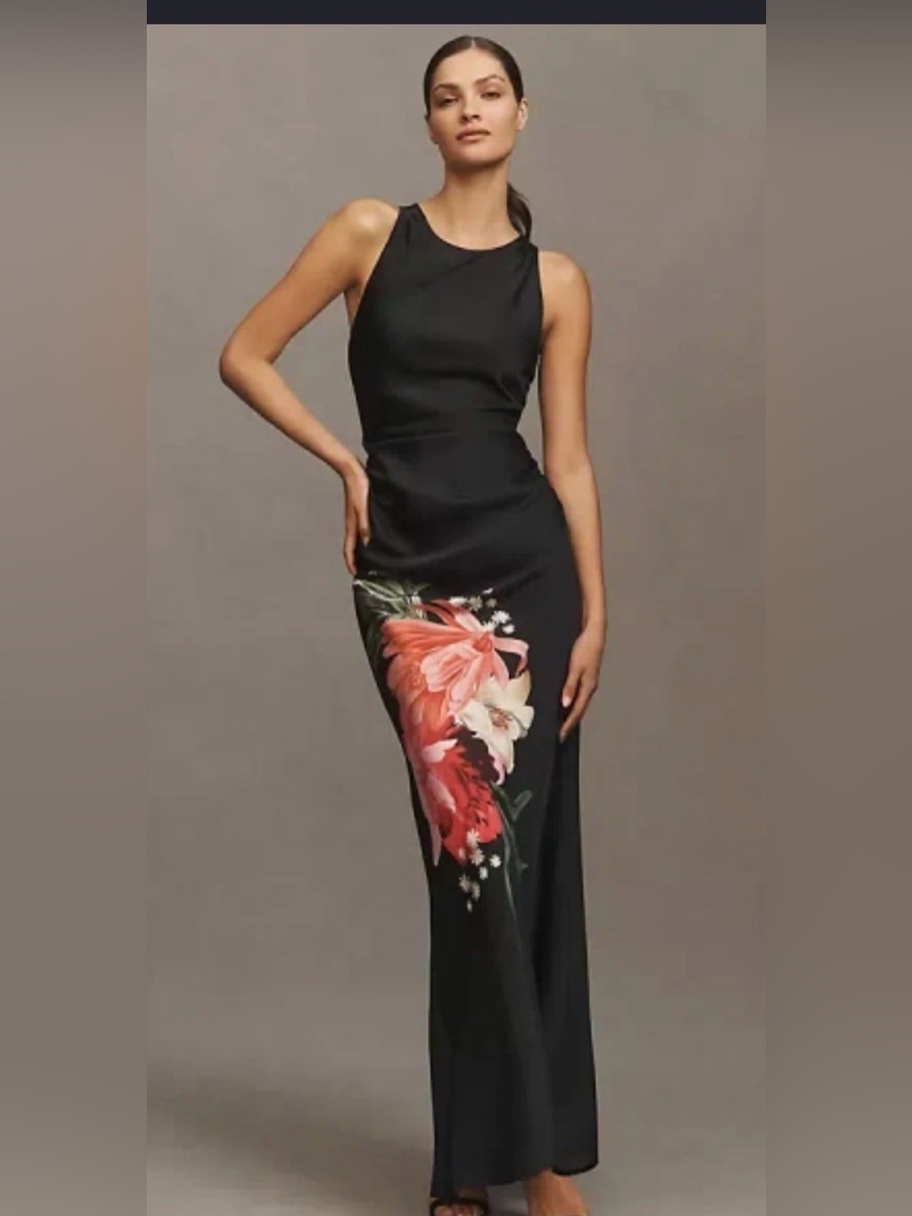BHLDN Mariella high neck satin dress with Red Floral Accent